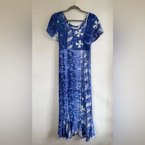 Vintage Jams World Midi Dress, Hawaiian Style Blue and White Plumeria, Womens M
